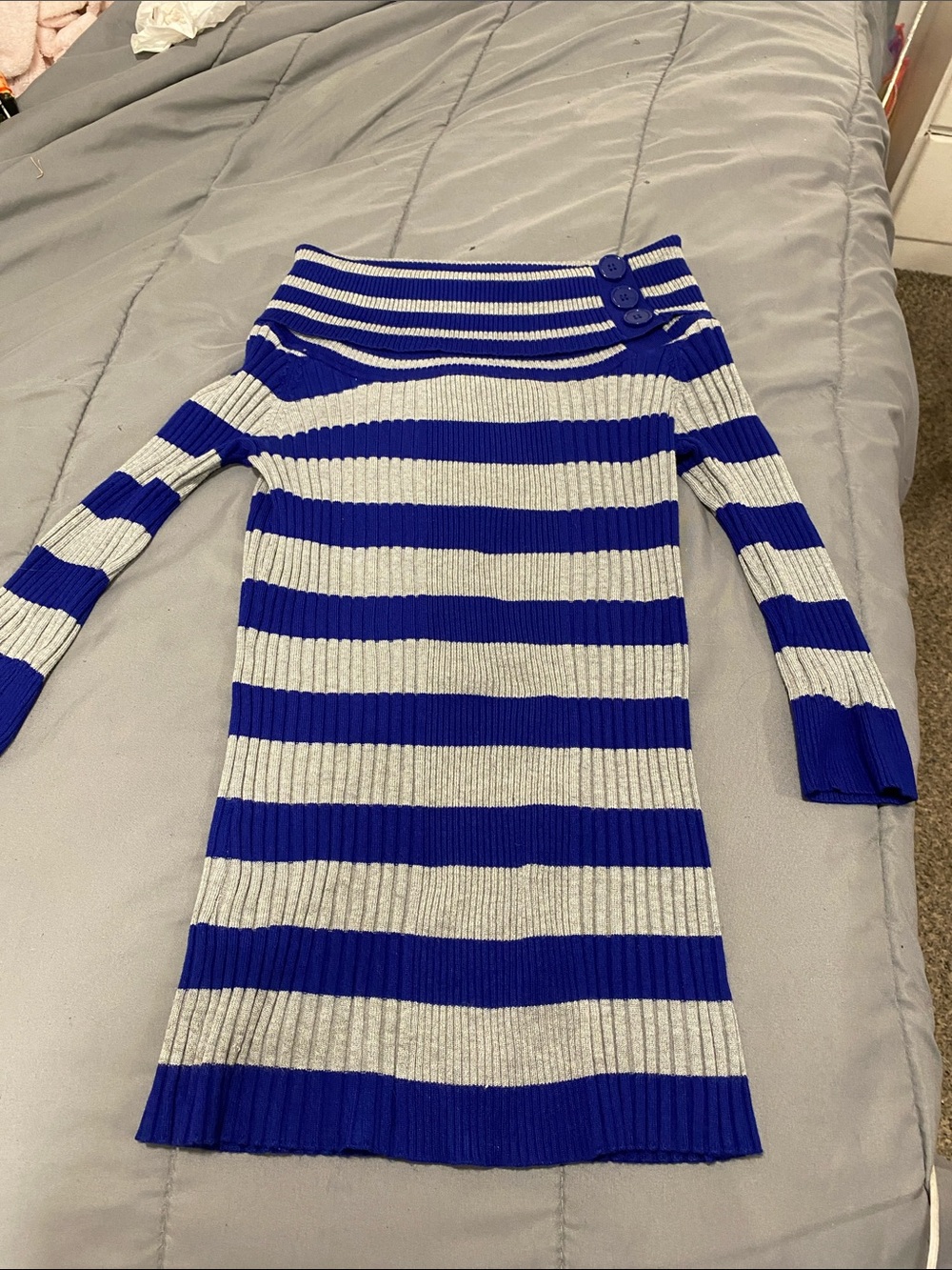 Pink Rose Blue and light grey Striped Off-Shoulder Ribbed Sweater